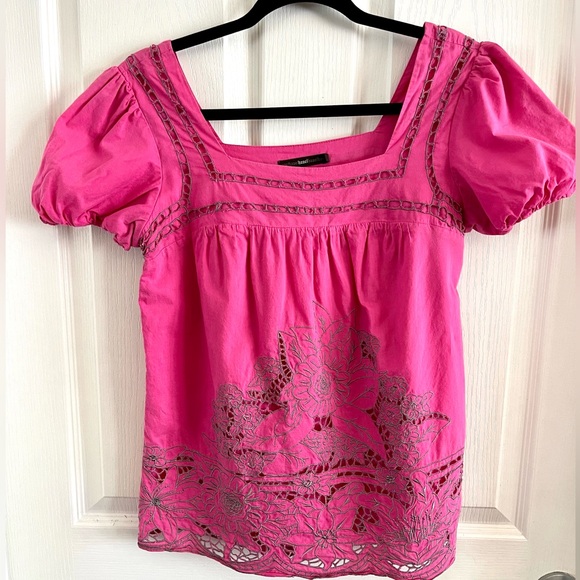 Hazel Vintage Bright Pink & Gray Embroidered Peasant blouse Extra Small XS GUC - Picture 10 of 16